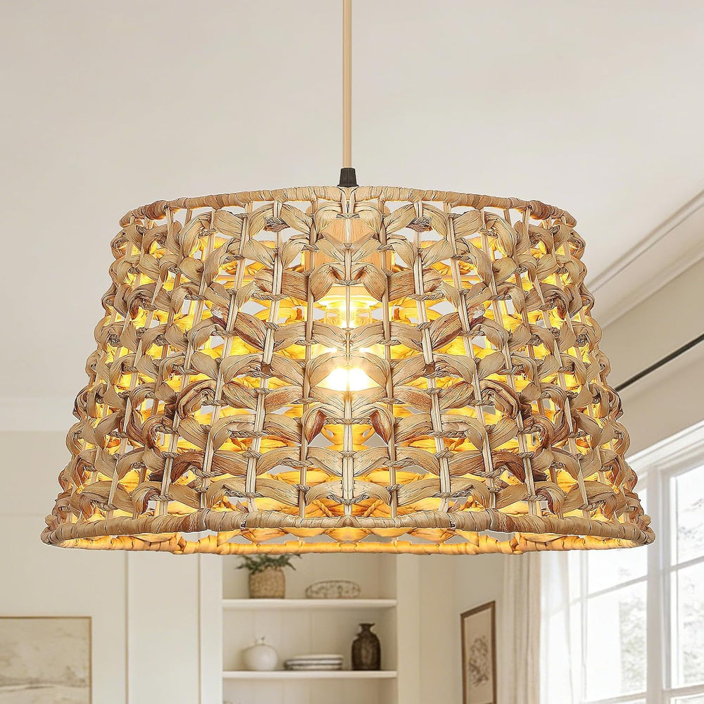 Rattan Pendant Light, 15.8" Boho Wicker Chandelier, Hand-Woven