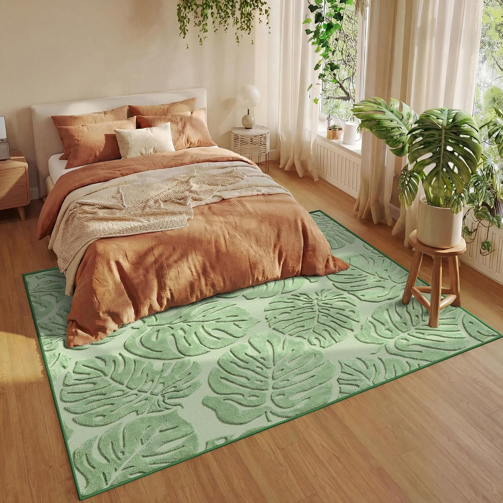 Sage Green Monstera 8x10 Area Rugs High-Low Plush Pile Washable
