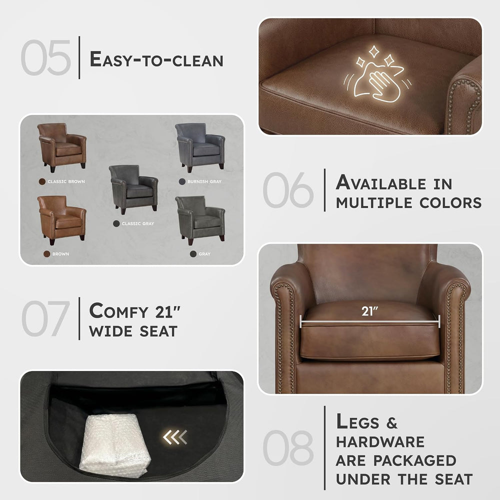 Lexicon Top Grain Genuine Leather Chair, Rolled Armrest, Classic Brown