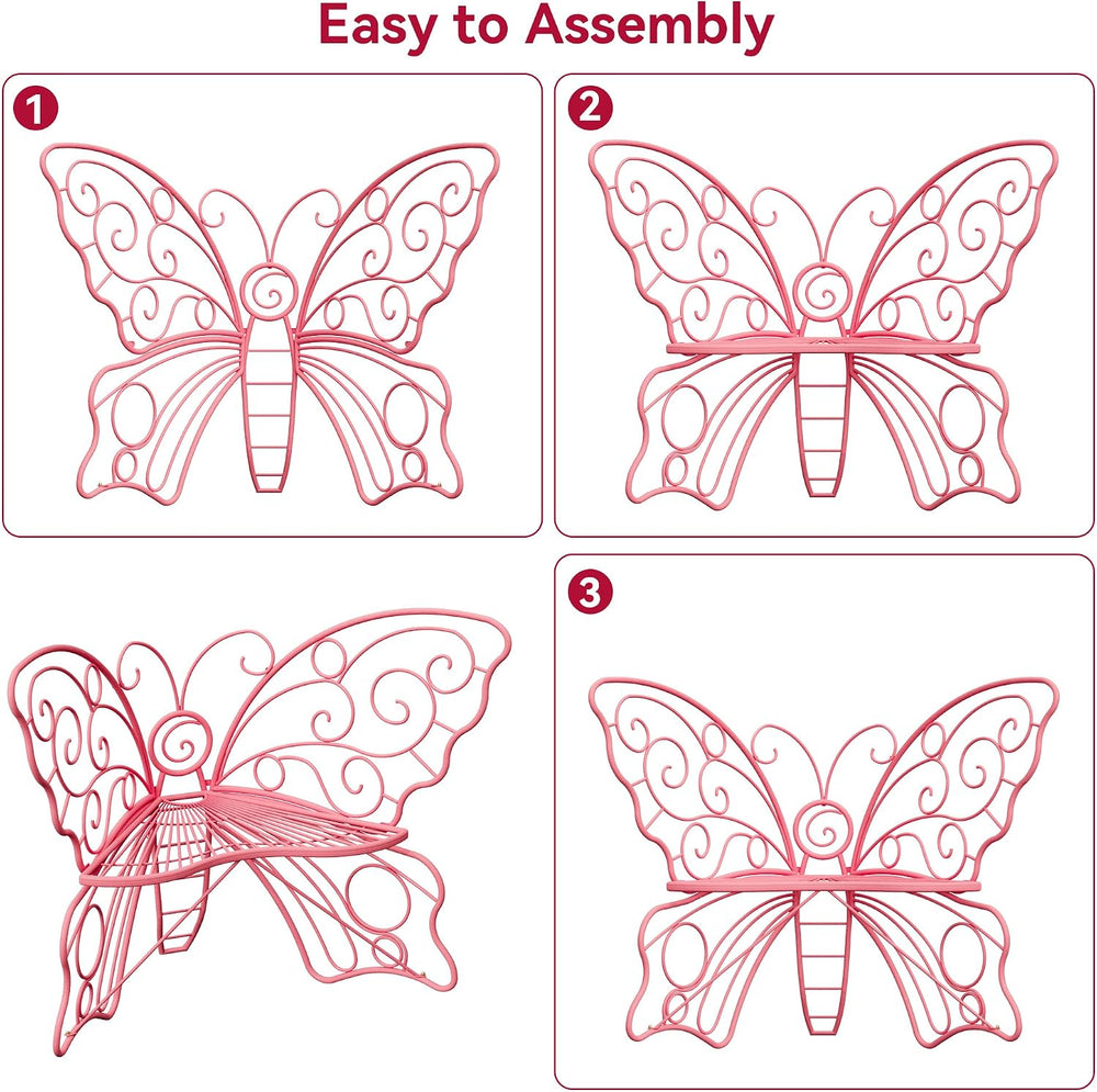 36 Inch Small Butterfly Bench, Cute Metal Outdoor Benches, Pink