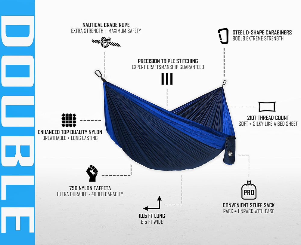 Pro Venture Double Camping Hammock - 10.5 x 6.5 FT (9ft Tree Straps, 2 Carabi...