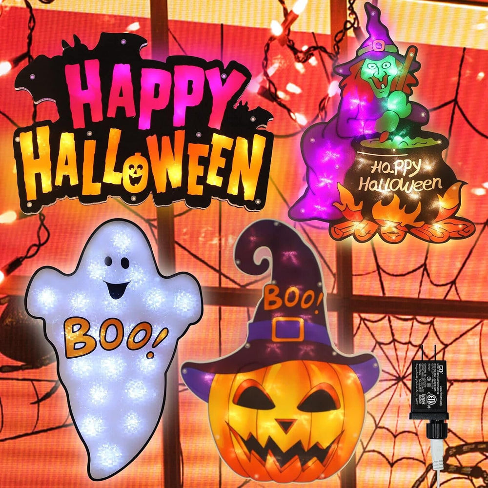 LAMPHOME 4 Pack LED Lighted Ghost,HappyHalloween Sign,Witch,Jack-O-Lantern Ha...