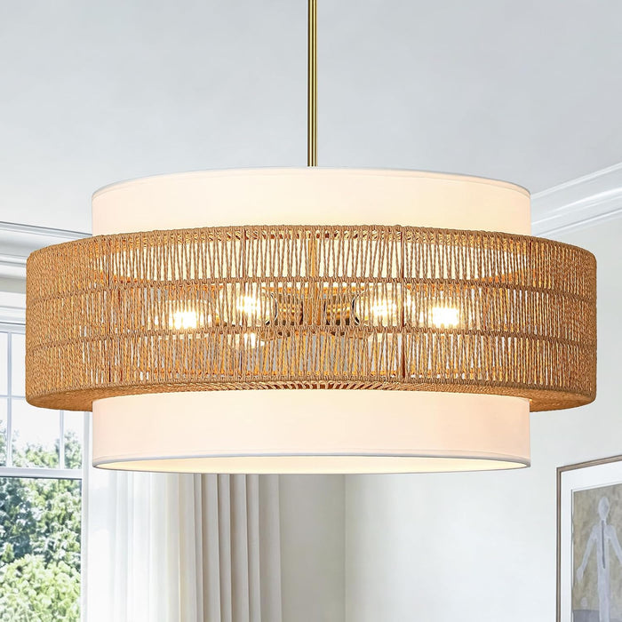 25.6" Rattan Chandelier for Dining Room, 6-Light Boho Pendant Hanging Light