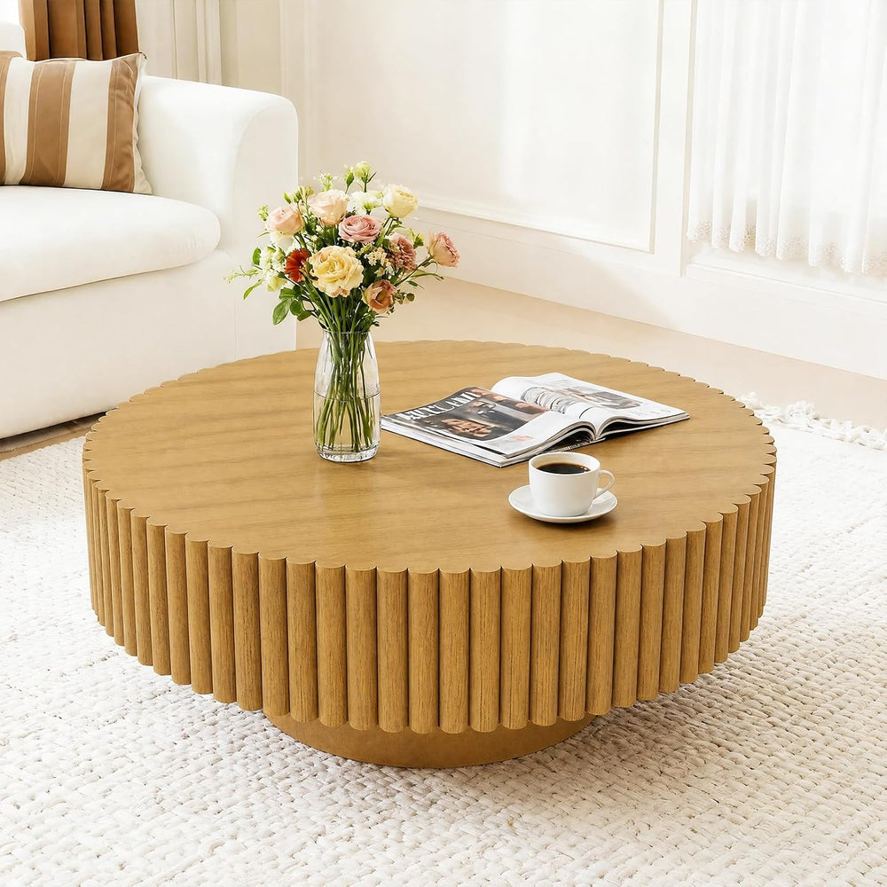 Rovibek Fluted Round Coffee Table, 31.5" Modern Wooden Coffee Table with...