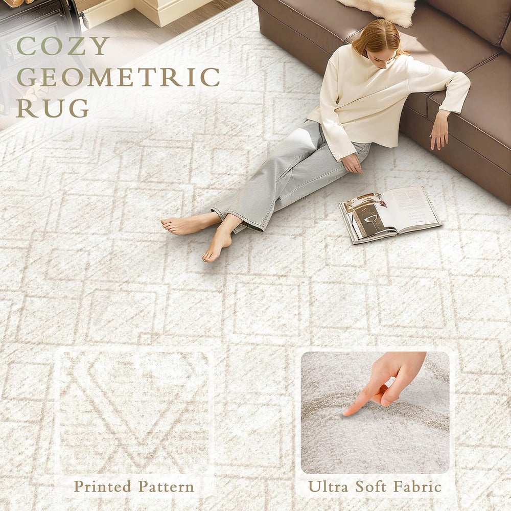 Area Rugs 8x10 Living Room Rug: Washable Geometric Neutral Rugs Boho Modern N...