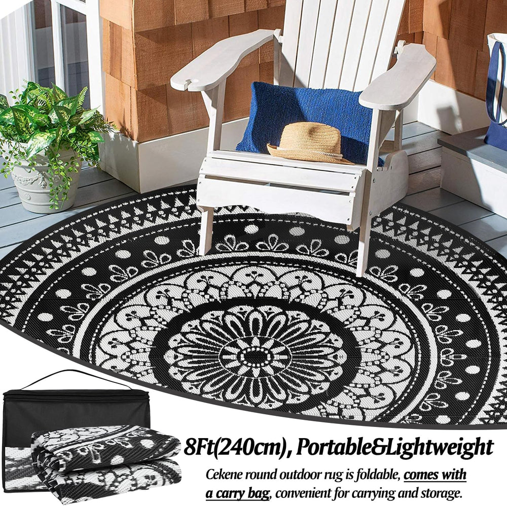 Cekene Round Outdoor Rugs for Patio 8Ft Waterproof Reversible Outdoor Patio R...