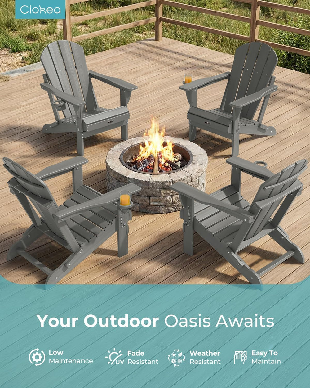 Ciokea Folding Adirondack Chair Wood Texture 4 Pack, Patio Adirondack Chair W...