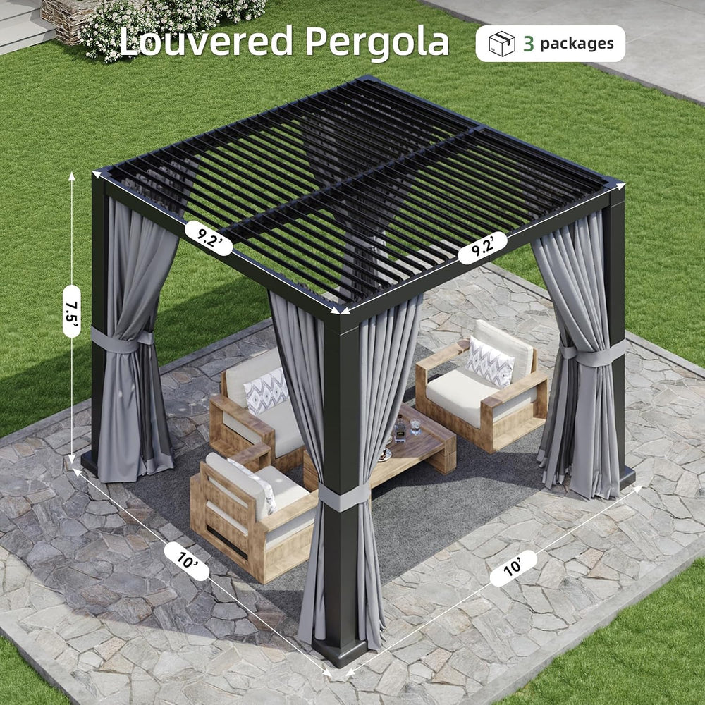 Aoxun Louvered Pergola 10x10 All-Aluminum, String Lights,Curtains & Netting