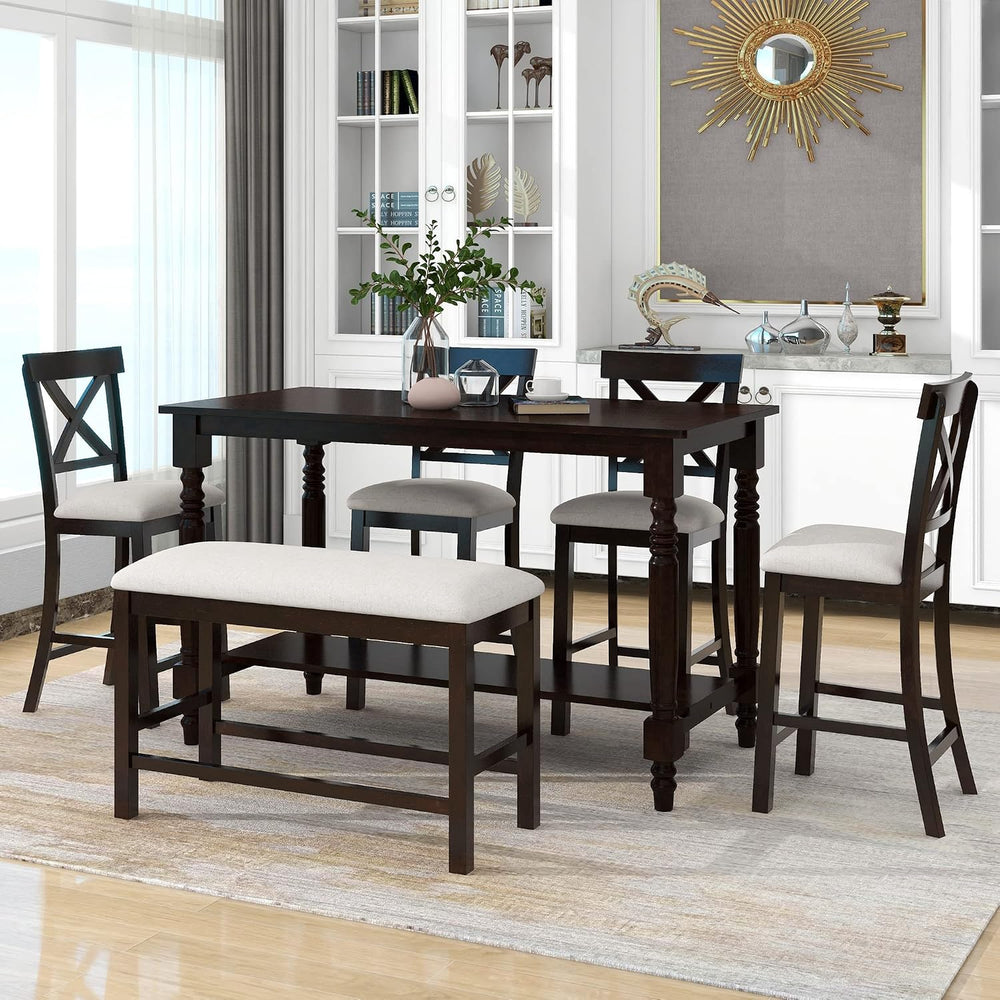 Merax 6-Piece Counter Height Dining Table Set, Solid Wood Kitchen Dining Room...