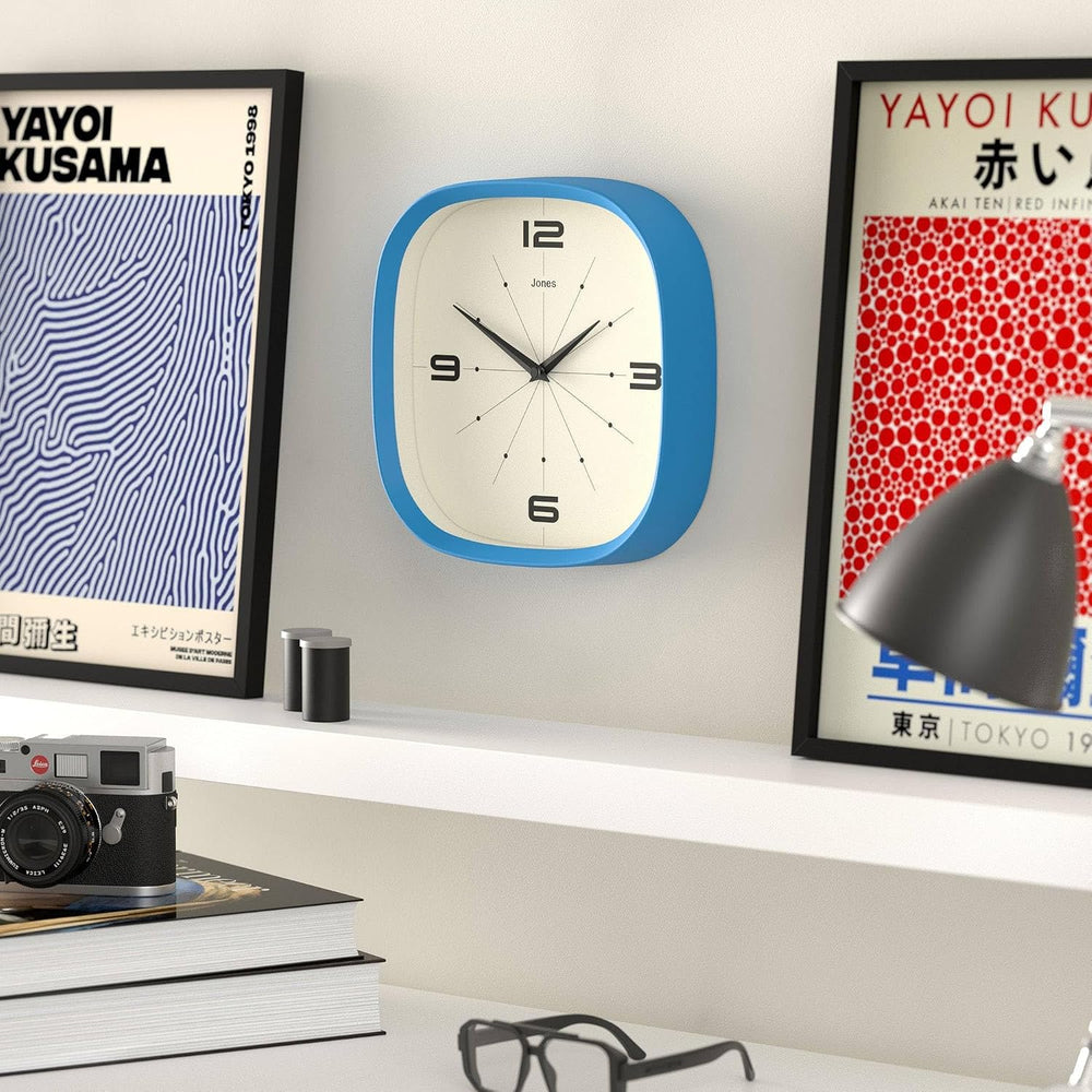 JONES CLOCKS® Pulsar wall Clock | Square Rounded Retro Clock | 10" | Blu...