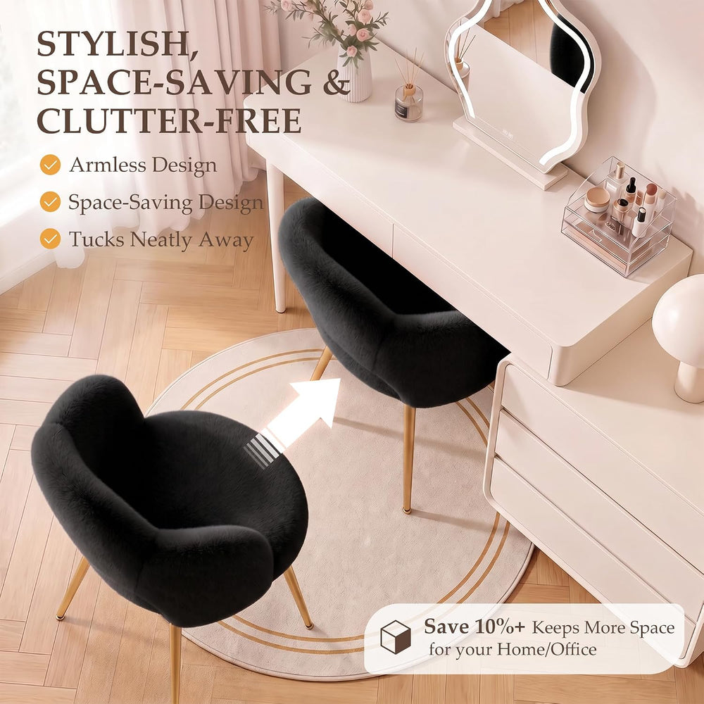 Fluffy Vanity Chair with Back, Makeup Chair with Gold Legs, Black