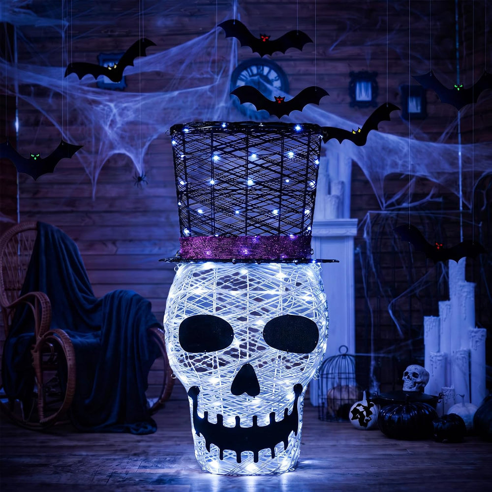 36" Lighted Skull with Top Hat,100 LED Prelit Skull Outdoor Halloween Decor