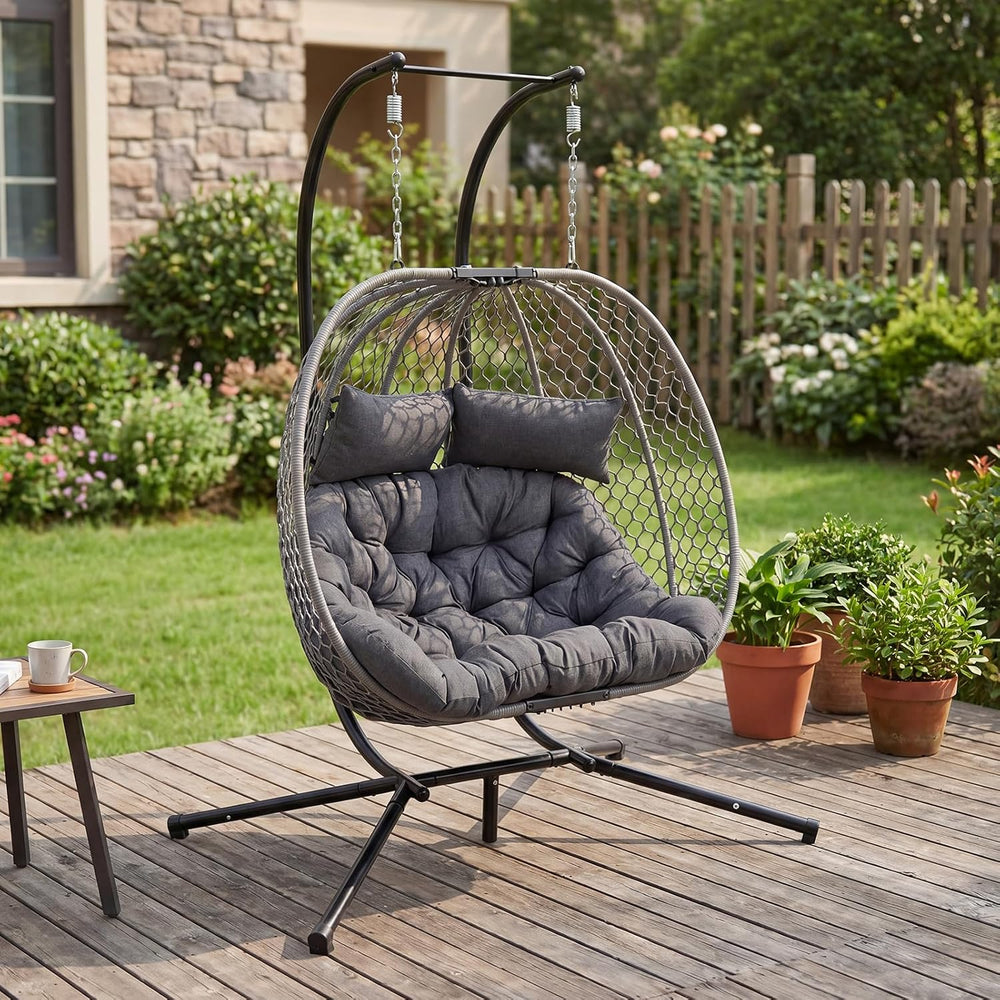 Double Egg Chair with Stand for 2 Persons, Oversized Patio Hanging Basket Cha...