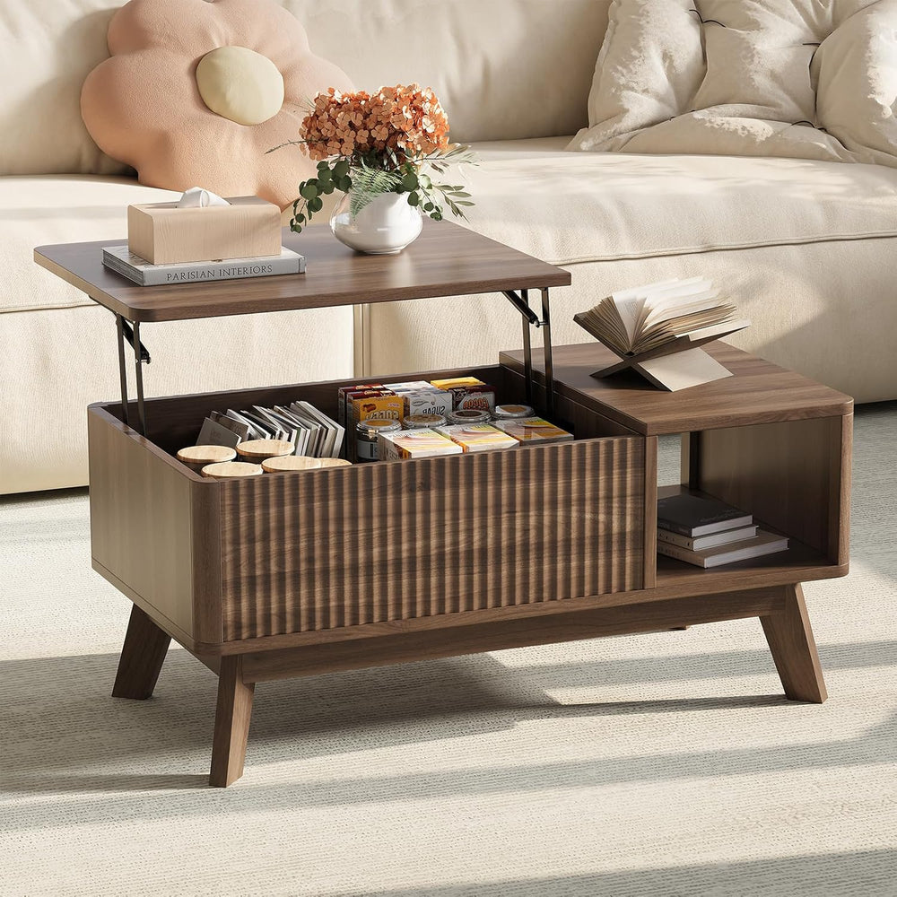 Lift Top Coffee Table, Fluted Hidden Storage Table for Living Room, Walnut