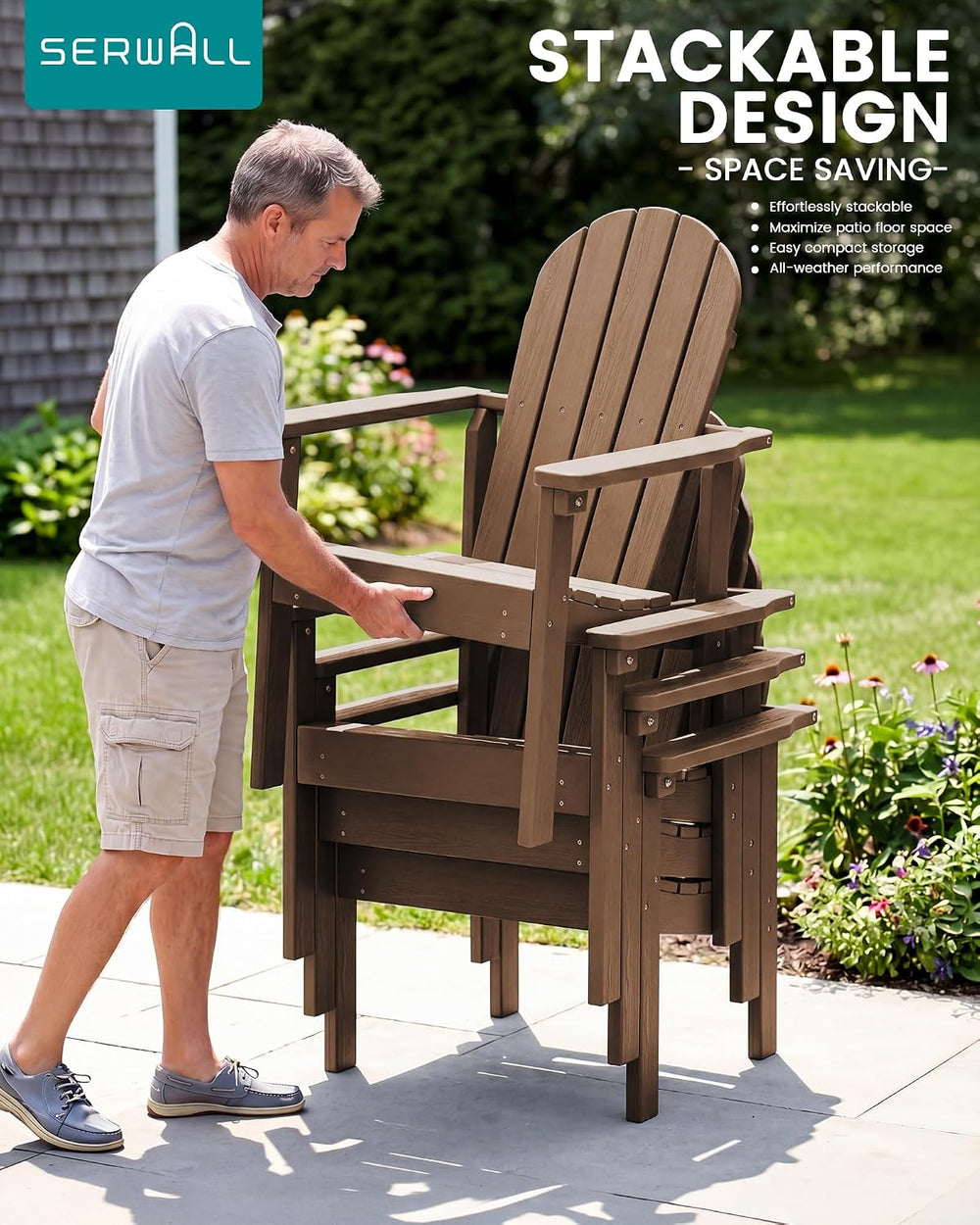 SERWALL HDPE Stackable Adirondack Chairs Set of 4,Space-Saving, Brown