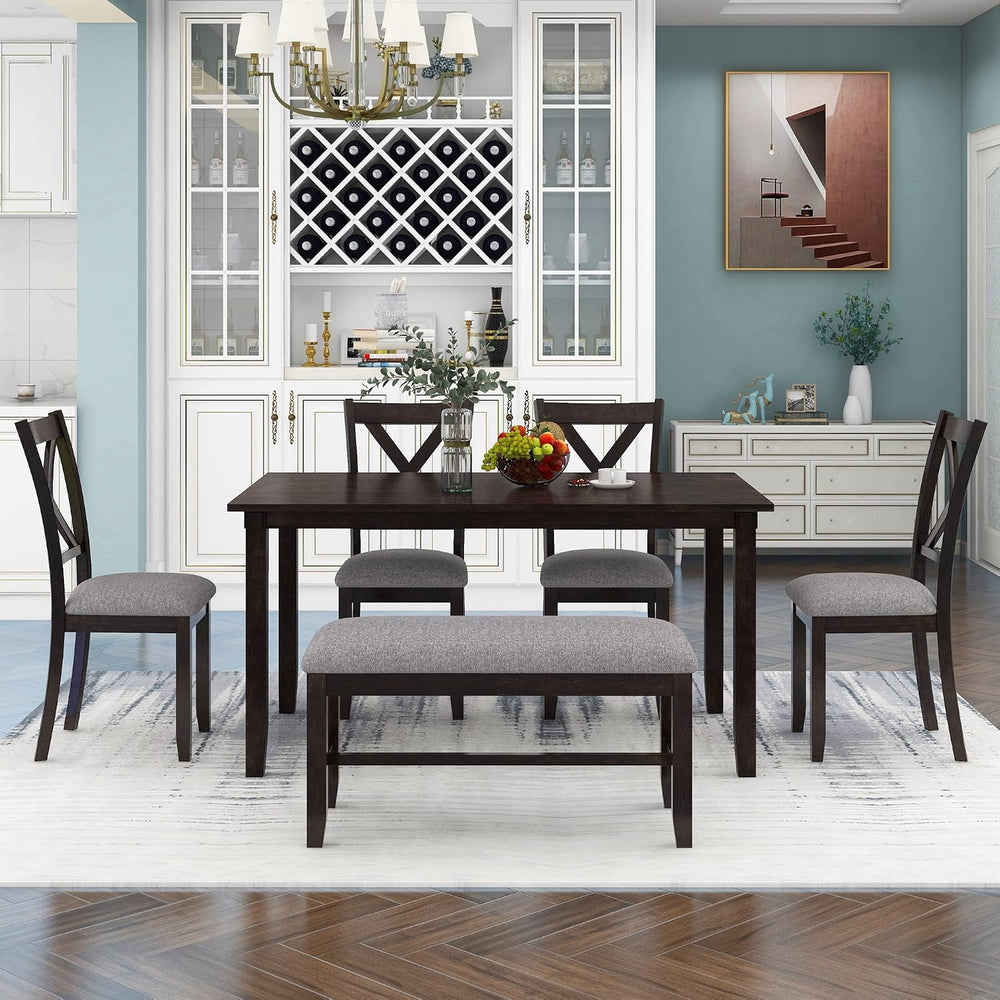 Merax 6 Piece Rustic Farmhouse Dining Table Set with Bench, Solid Wood Rectan...