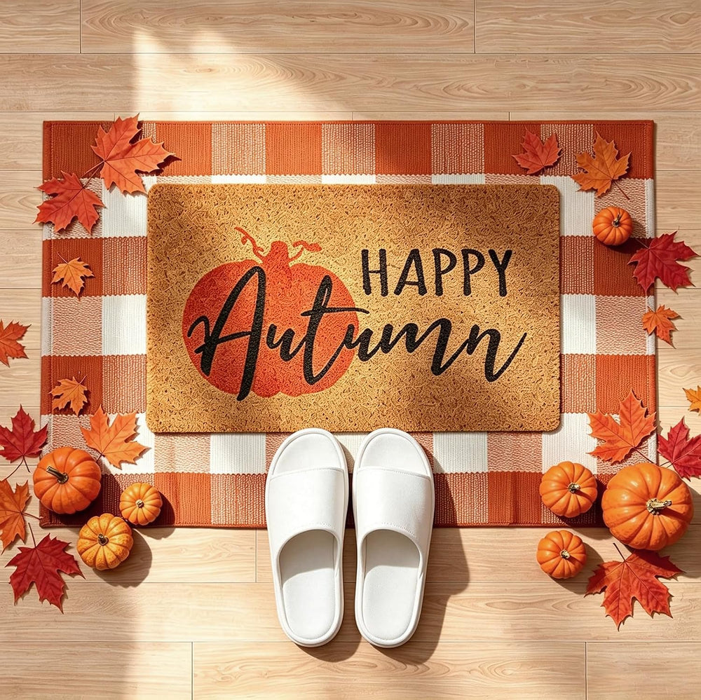 2-Piece Fall Front Door Mat Set, Layered Coir & Orange White Plaid Mats