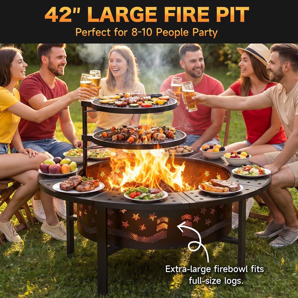 PrimeZone 42" Outdoor Wood Burning Fire Pit with 2 Adjustable Grills