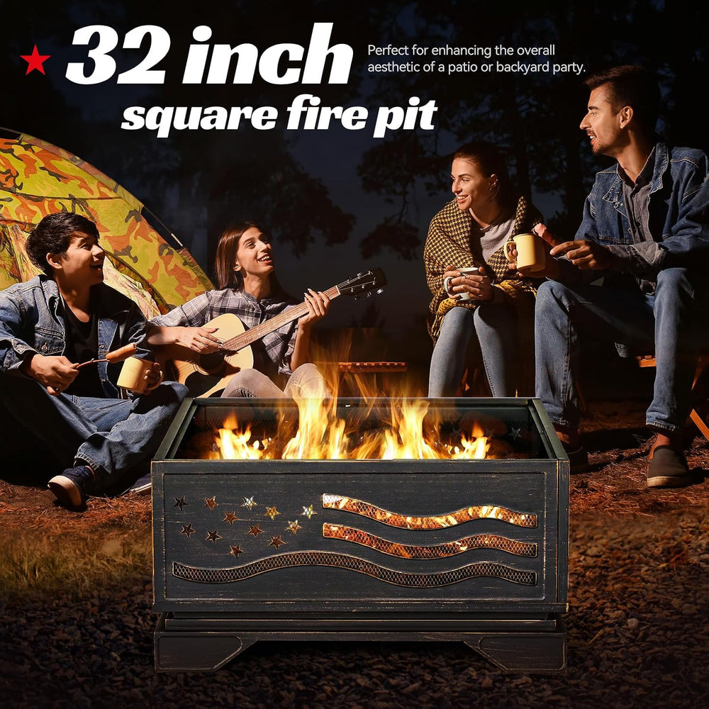 Verdeluxe Outdoor 32Inch Square-Shaped Fire Pit with Spark Screen