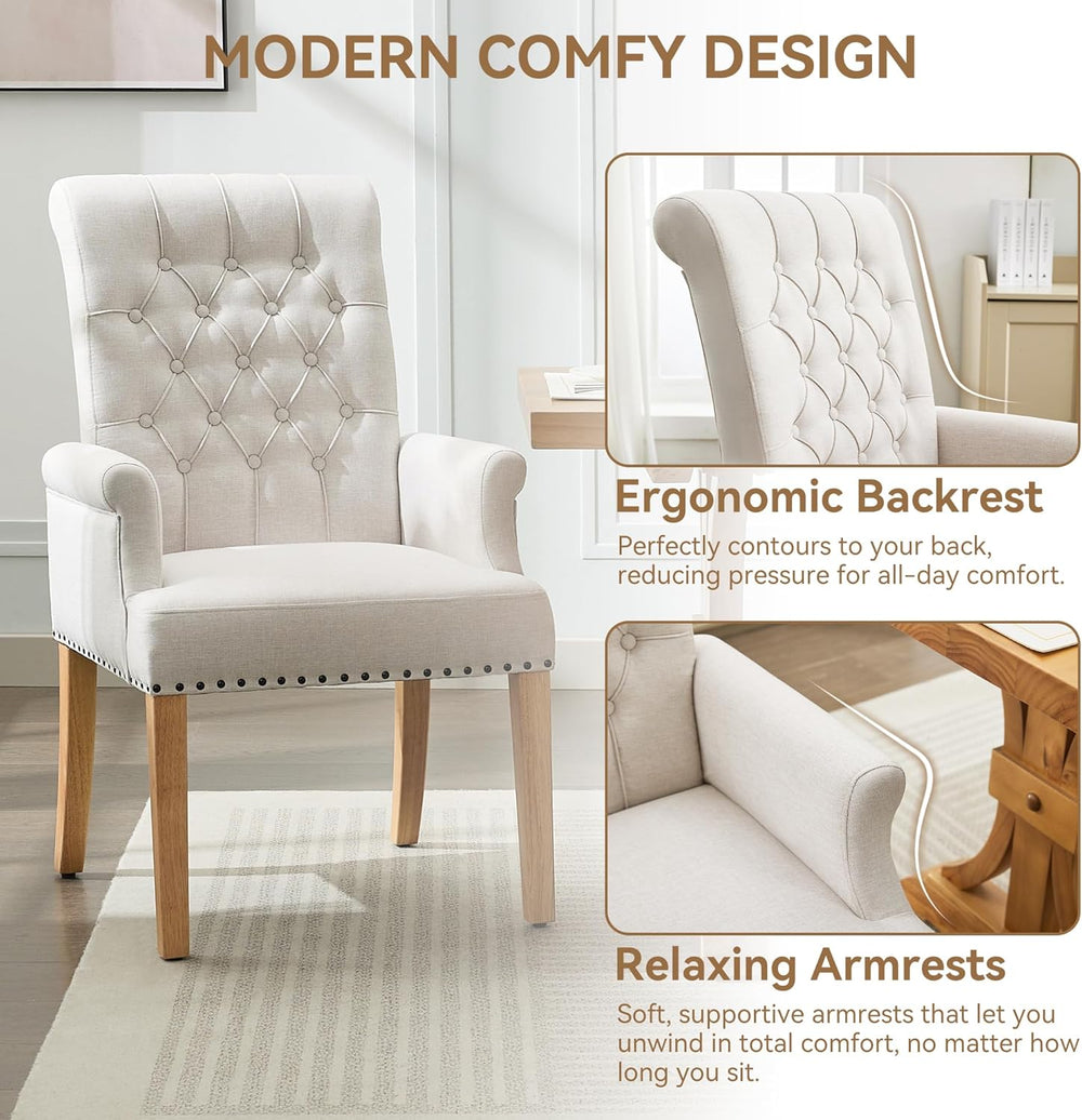 WUTUTUEE Fabric Dining Chair with Arms, Upholstered Tufted High Back Dining R...
