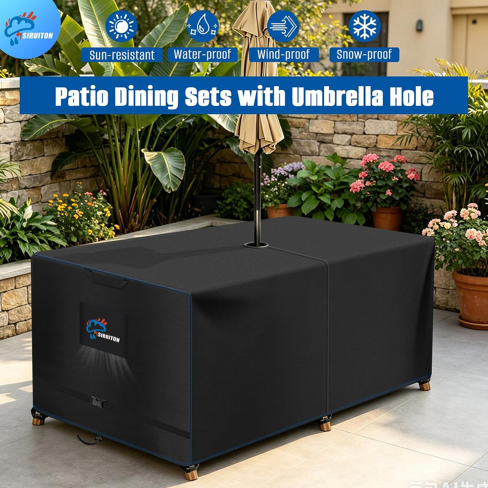 SIRUITON 108" Rectangular Patio Dining Table Cover with Umbrella Hole 600D