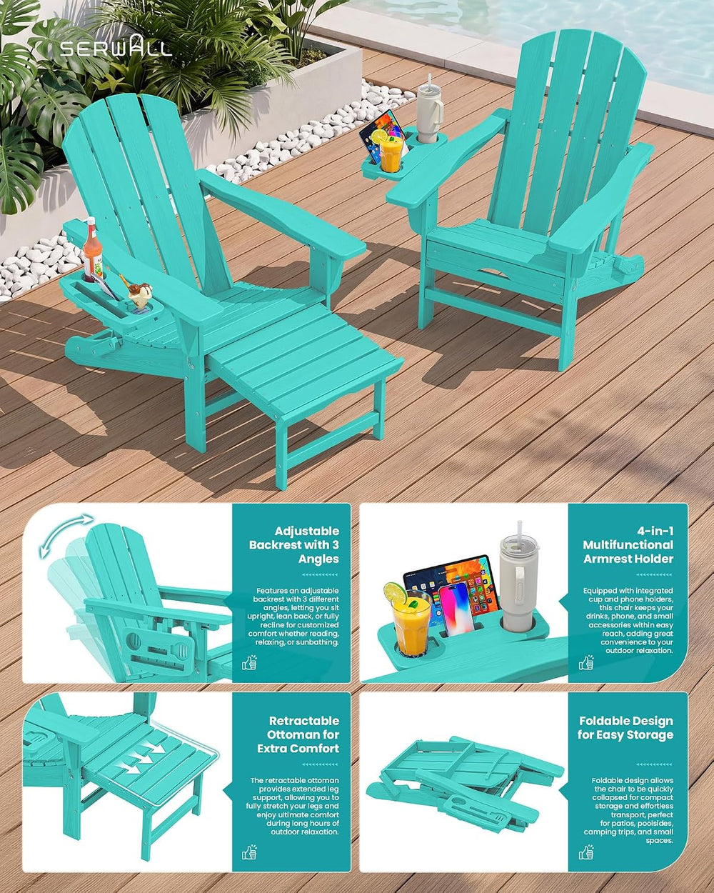 SERWALL Folding Adjustable Adirondack Chairs with Footrest Set of 2, HDPE Out...