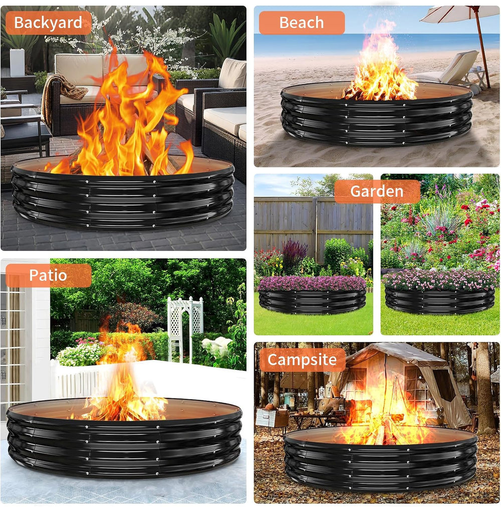 60in Large Fire Pit Ring for Outside, Heavy Duty Wood Burning Firepit/Firepla...