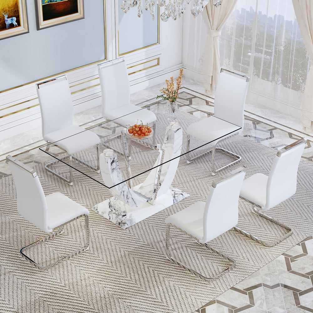 JUFU 7-Piece White Dining Table Set for 6, 63" Rectangular Glass Dining ...