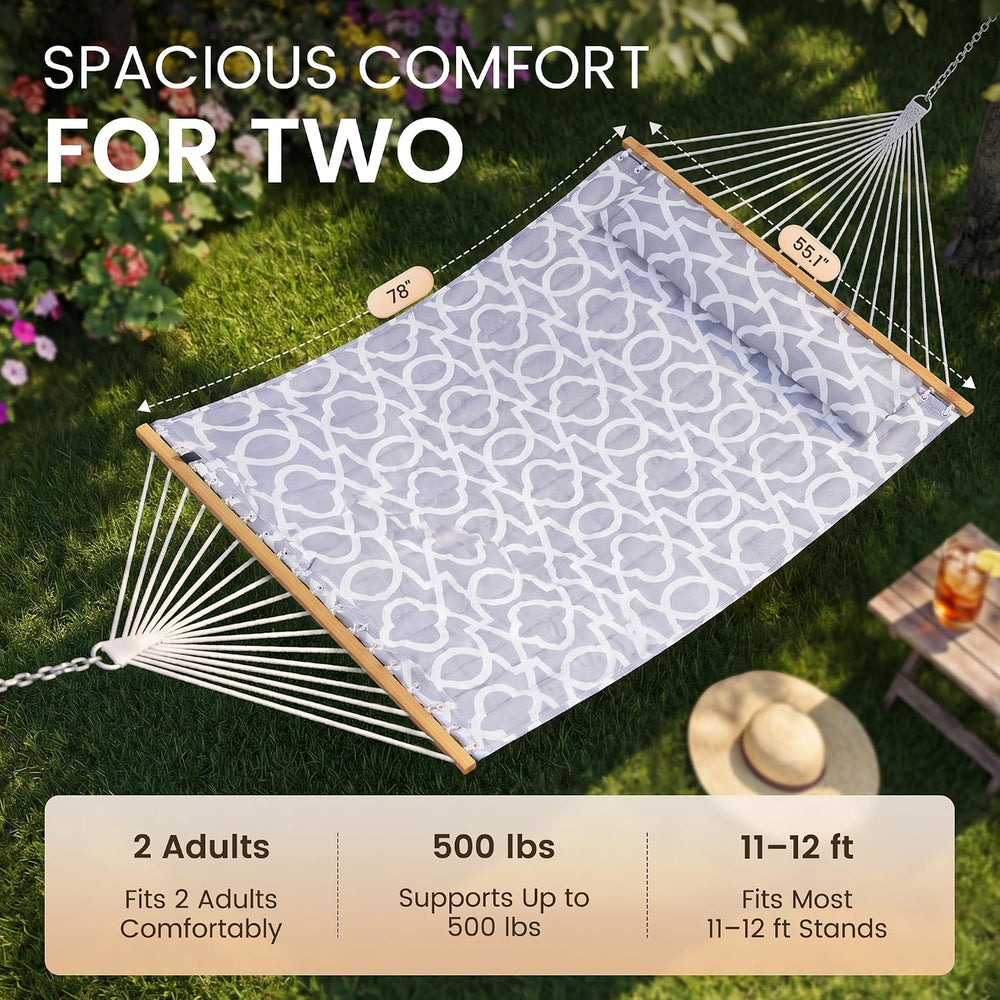 Everyfun 2Person Quilted Hammock with SpreaderBar, 500lbCapacity, WhiteGray