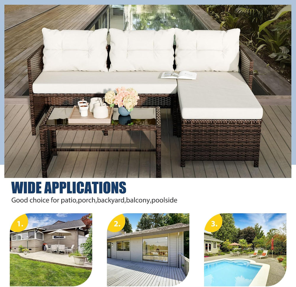 Vongrasig 3 Piece Patio Furniture Sets, All-Weather PE Wicker Outdoor Sofa Co...