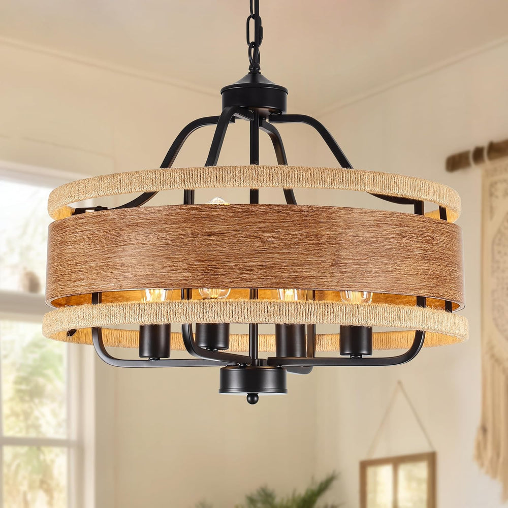 4-Light Farmhouse Chandelier 20" Wood Texture Woven Rattan Chandeliers