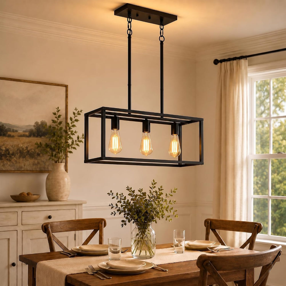 Black Kitchen Island Lighting, Modern Linear Cage Retangular Chandelier, 3 Li...