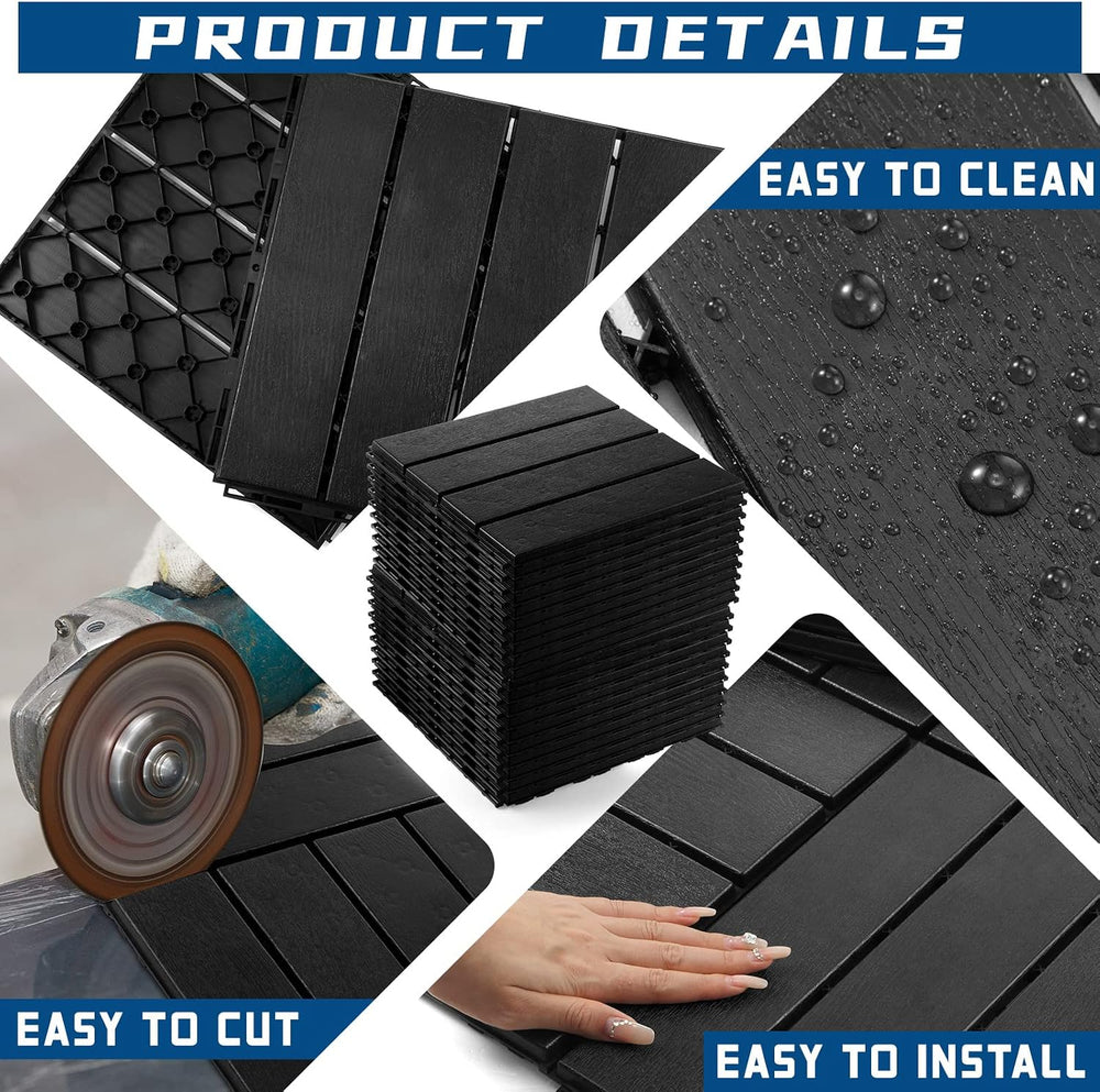 Treela 48 Pcs Plastic Interlocking Patio Deck Tiles 12"x12",Black