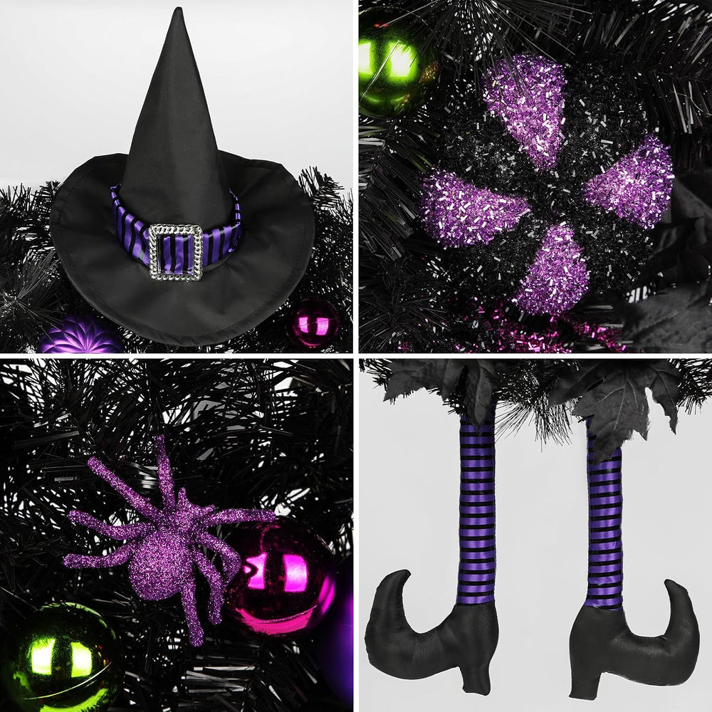 Halloween Wreath for Front Door 26" Tinsel Black Witch Wreath with Hat L...