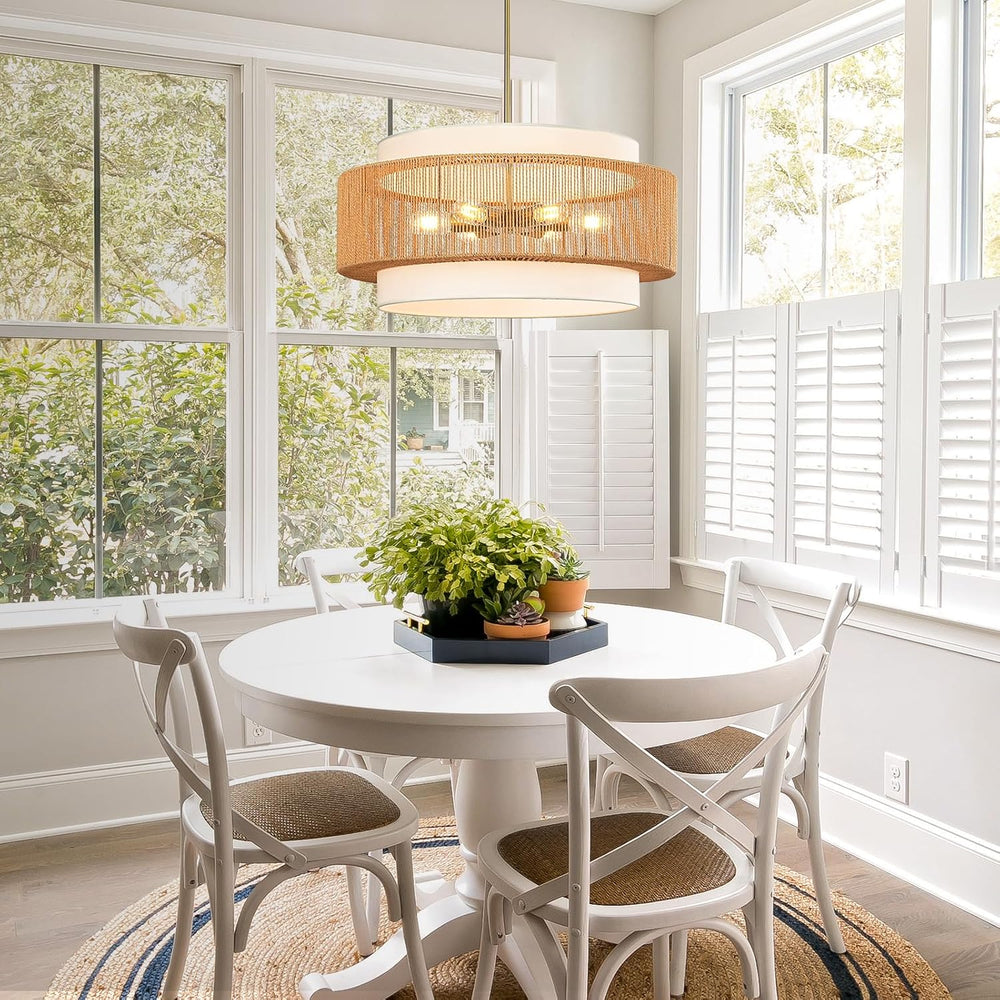 25.6" Rattan Chandelier for Dining Room, 6-Light Boho Pendant Light
