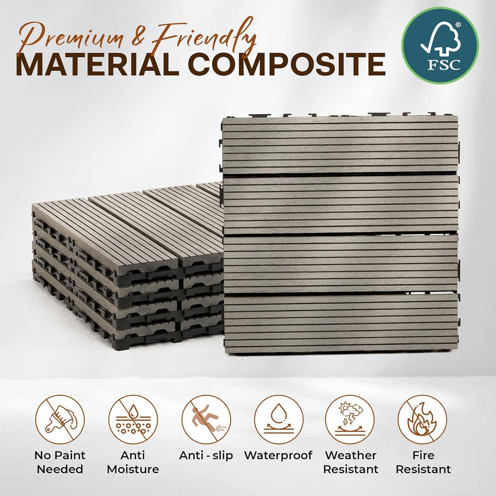 IDZO Wood Plastic Composite Deck Tiles Set of 10, Sustainable FSC Composite D...
