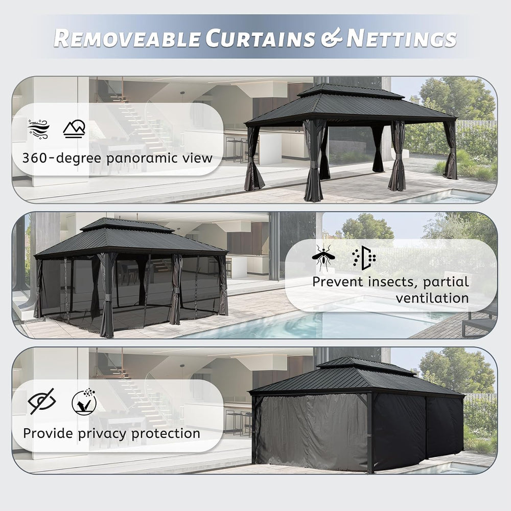 Outdoor Patio Metal Hardtop Gazebo 14x22FT with Gutter Pergola -Grey