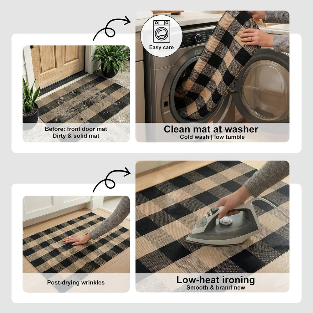 Uphome Bufflo Plaid Outdoor Rug 3'x5', Black Natural Checkered Front ...