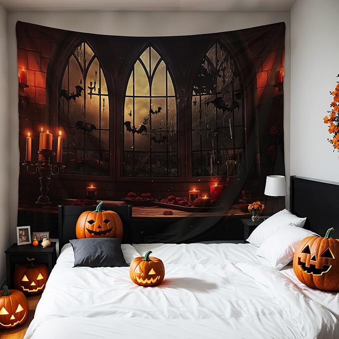 QGHOT Halloween Tapestry Wall Hanging Horror Castle Window Tapestry Gothic Sp...