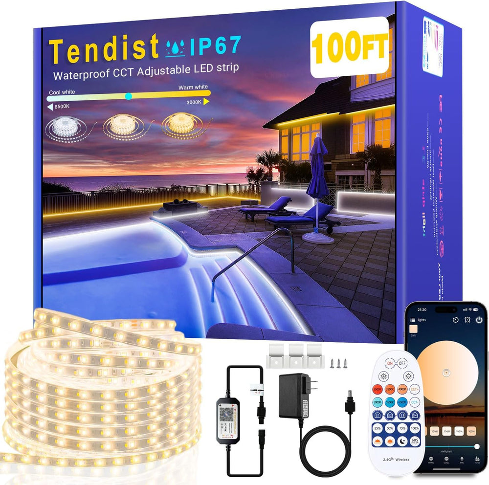 100FT Outdoor LED Strip Lights Waterproof IP67, Dimmable 3000K-6500K Warm Whi...