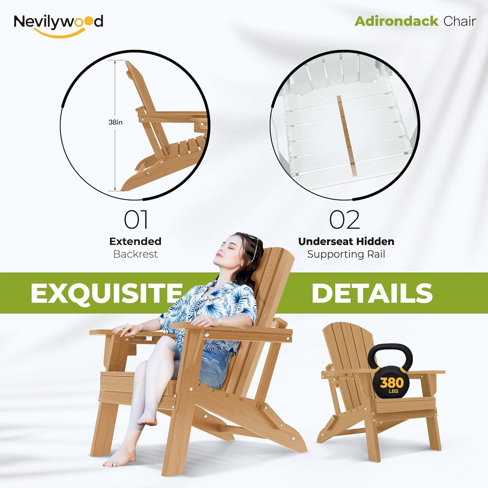 nevilywood Folding Adirondack Chair, HDPE Ergonomic Cup Holder, Teak