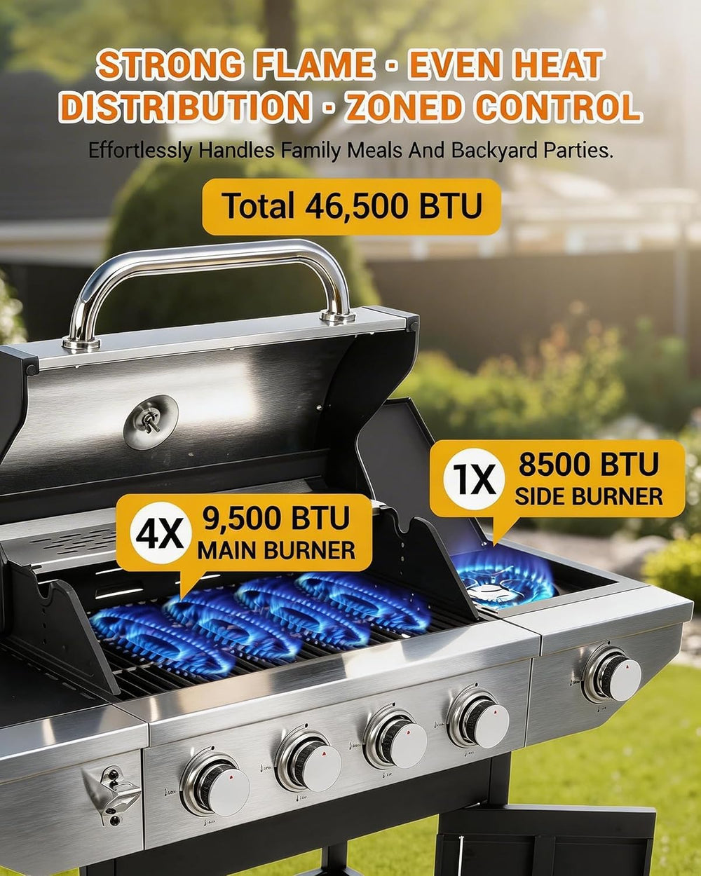 EUHOME 4-Burner Propane Gas BBQ Grill with Side Burner, 46,500 BTU Stainless ...