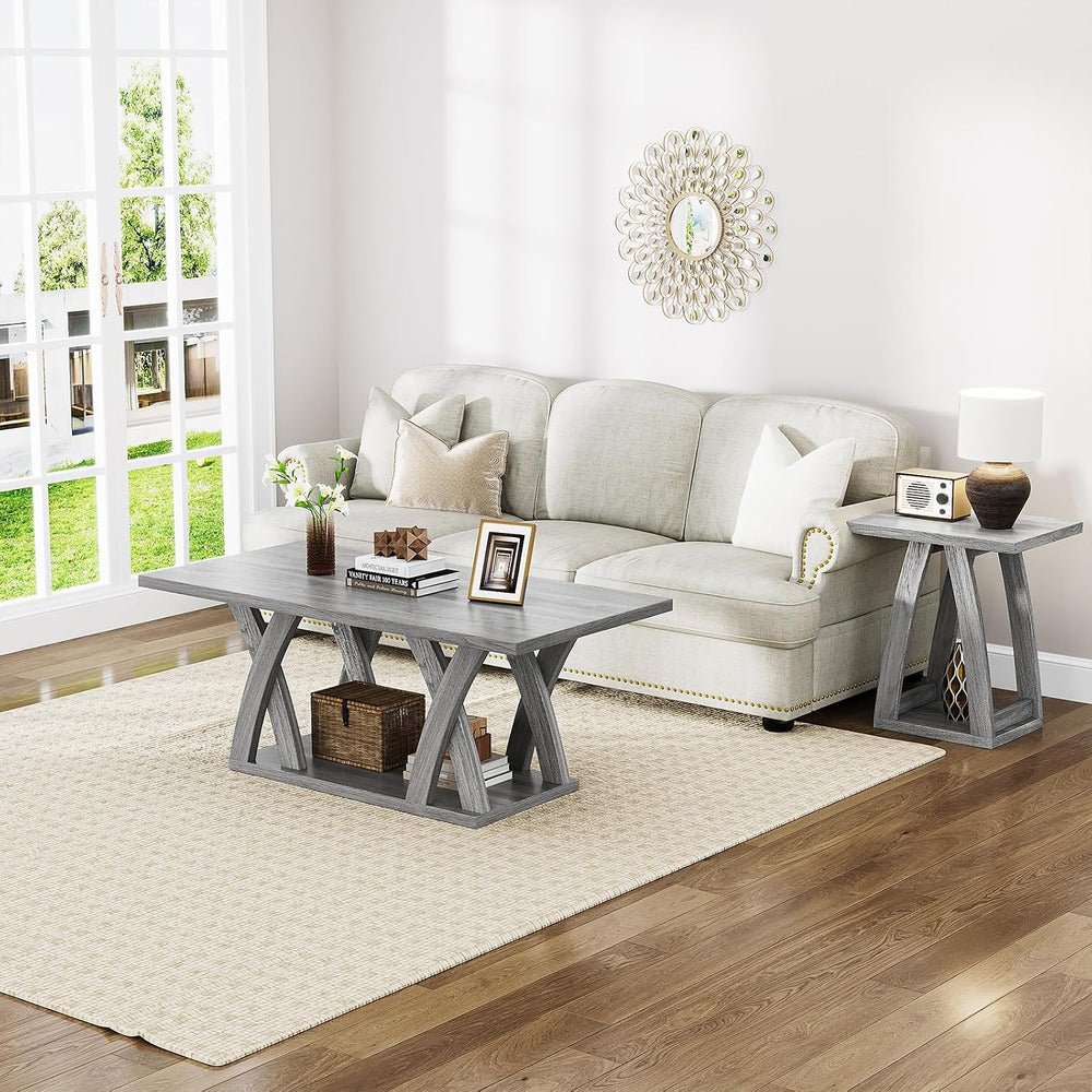 47" Farmhouse Coffee Table with Storage Shelf, Grey