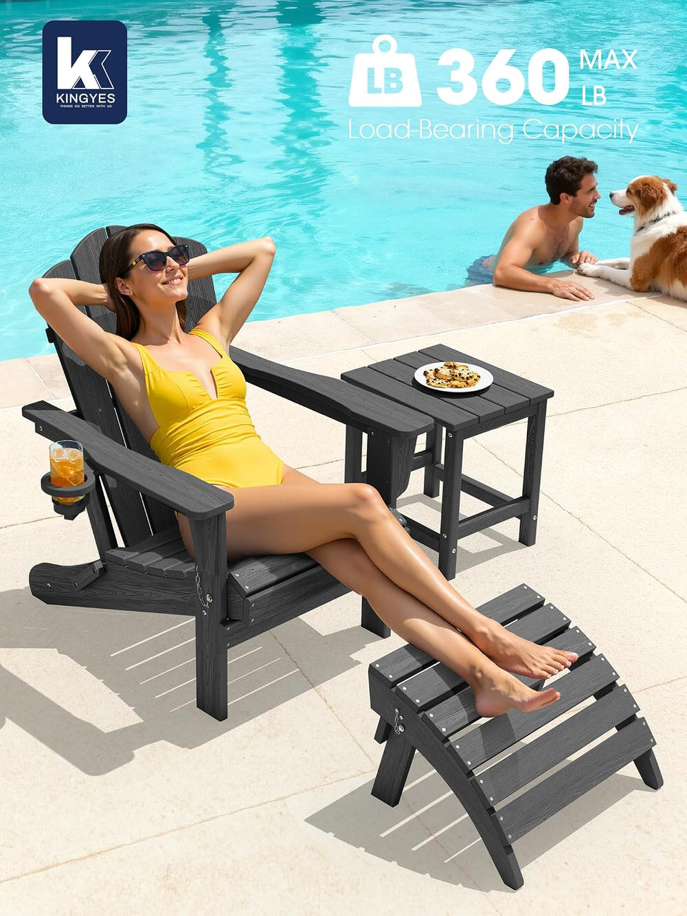 KINGYES Folding Adirondack Chair Set of 2 with Cup Holder, Grey