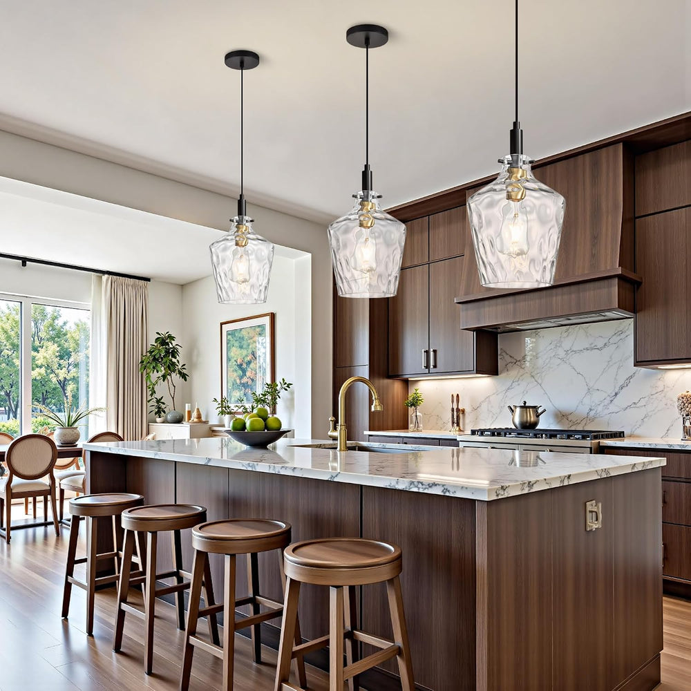 Hammered Glass Pendant Light for Kitchen Island 1 Pack Black Gold 8 Inch