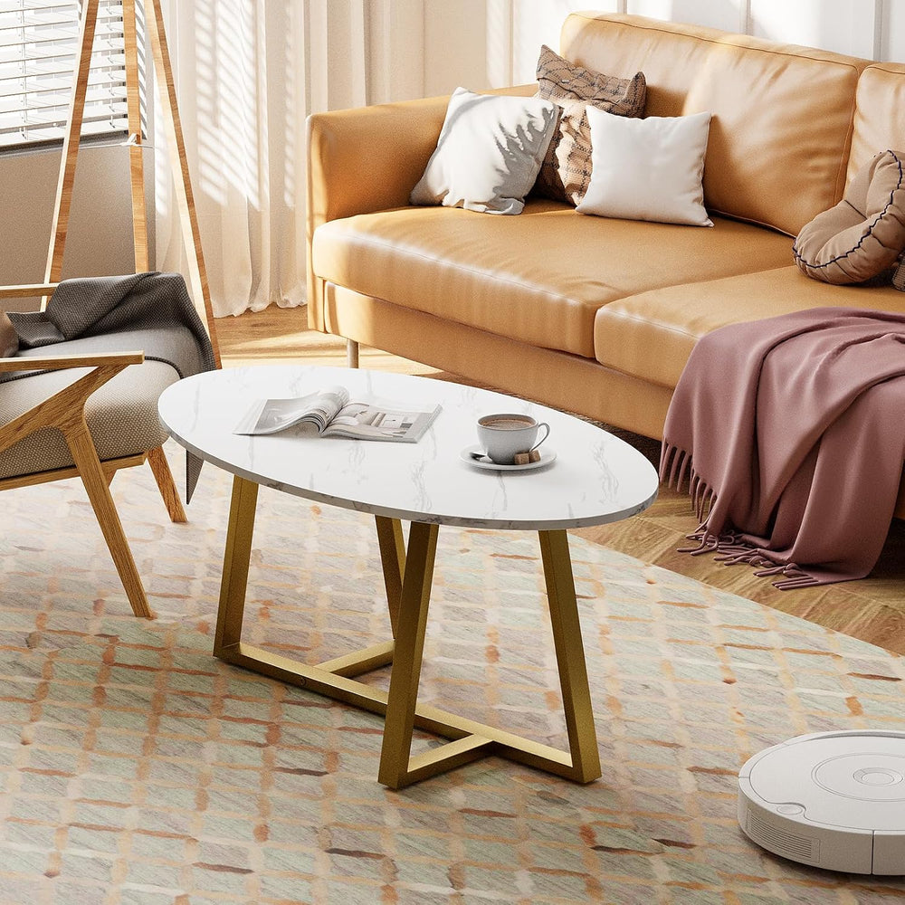 Wolawu Coffee Table White Faux Marble Coffee Table for Living Room,Oval Cente...