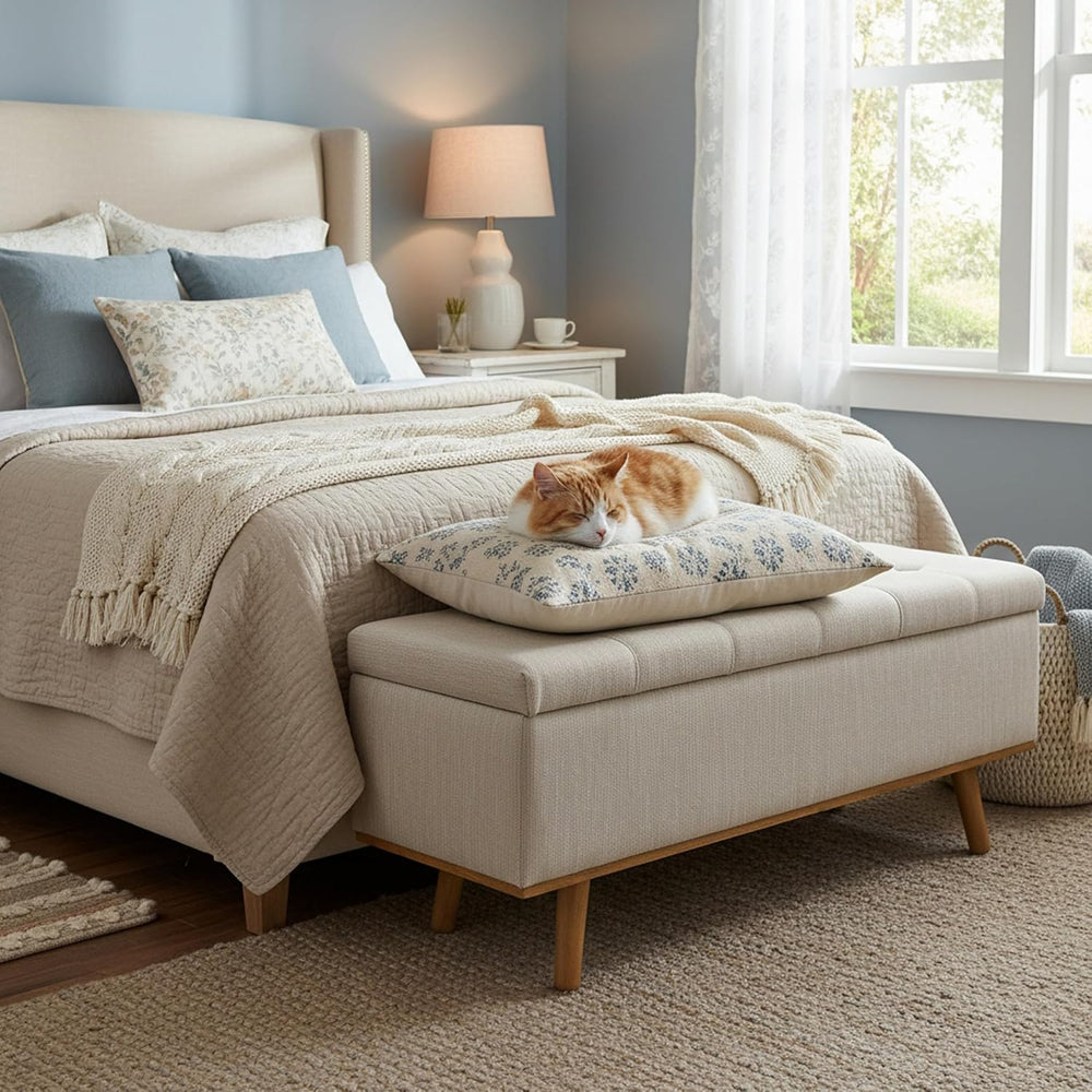Storage Ottoman Bench, 45" End of Bed Bench, Beige