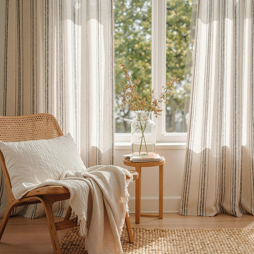 MYSKY HOME Grey Striped Linen Curtains for Living Room 84 Inches 2 Panels