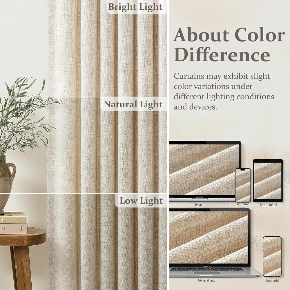 Pinch Pleated Semi Sheer Natural Linen Curtains 96 Inches Long for Living Roo...