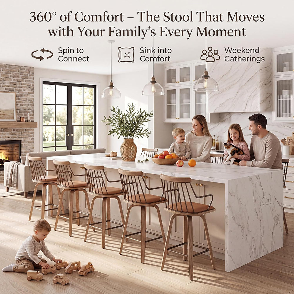 HNY Swivel Counter Height Bar Stools Set of 2, Brown Faux Leather Barstools